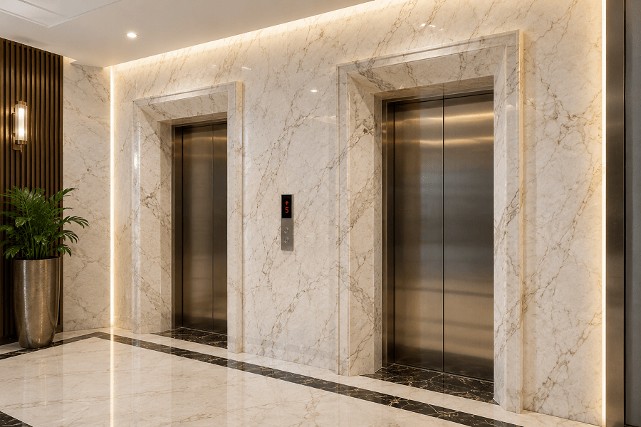 Đá marble ốp thang máy nổi bật với đường vân mềm mại